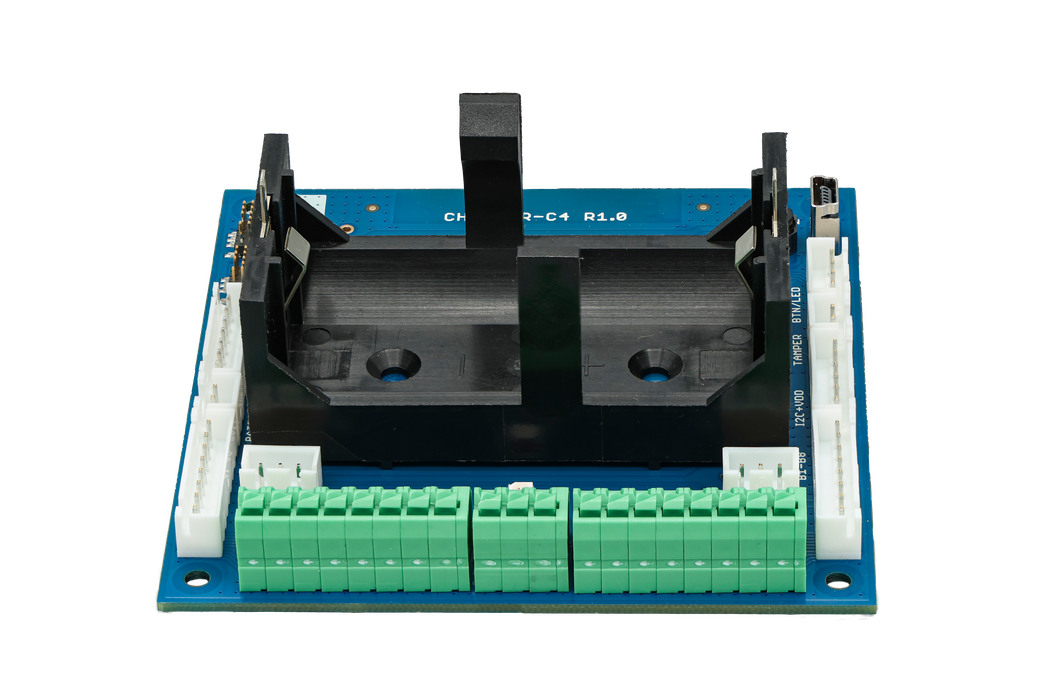 CHESTER-C4 carrier board, a blue PCB with dual D-cell battery holder and terminal blocks