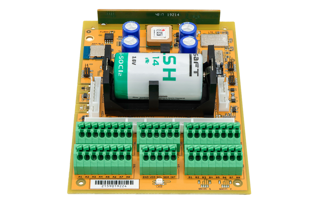 CHESTER-M CGLS mainboard with D-cell battery, supercapacitors, and A/B terminal blocks