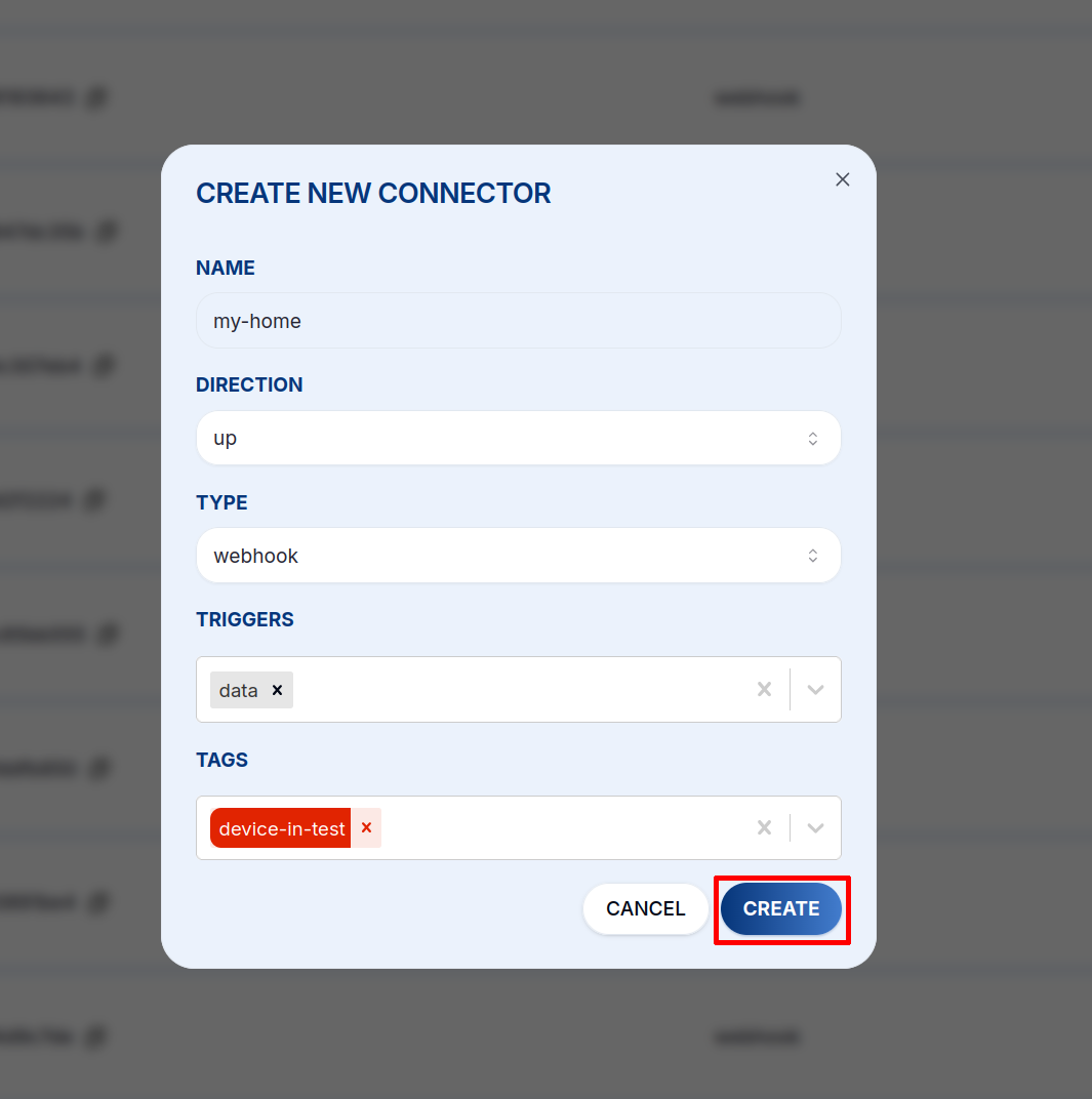 The Create new connector dialog with Name, Direction, Type, Triggers, and Tags fields