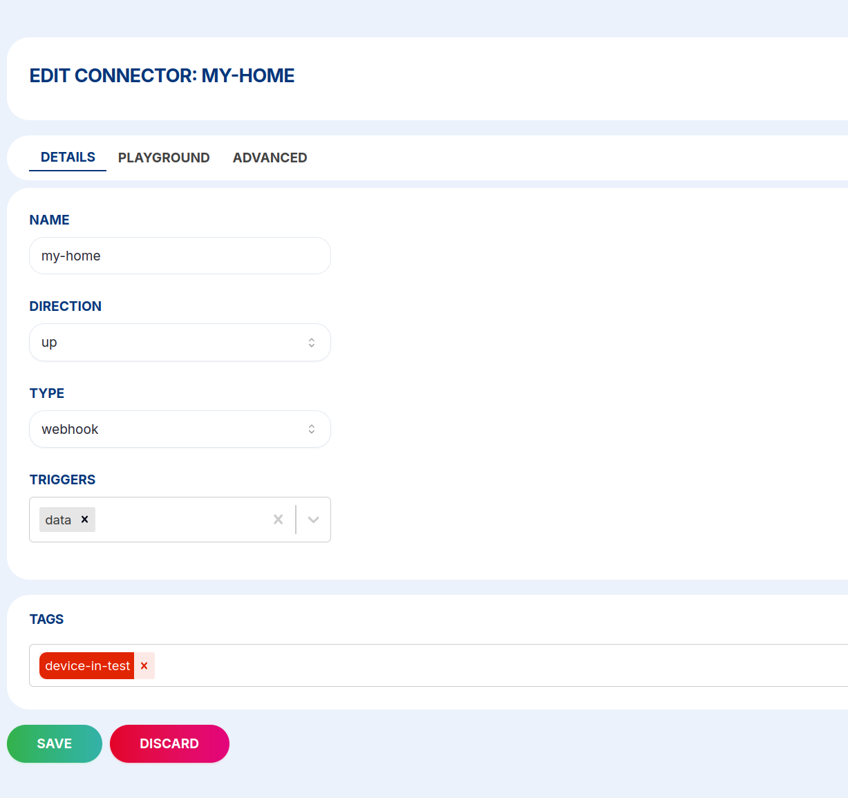 The connector EDIT view on the DETAILS tab, showing the DETAILS / PLAYGROUND / ADVANCED tabs