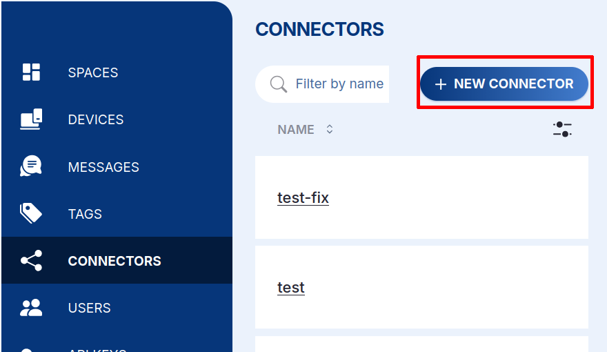 The Connectors page with the "+ NEW CONNECTOR" button highlighted