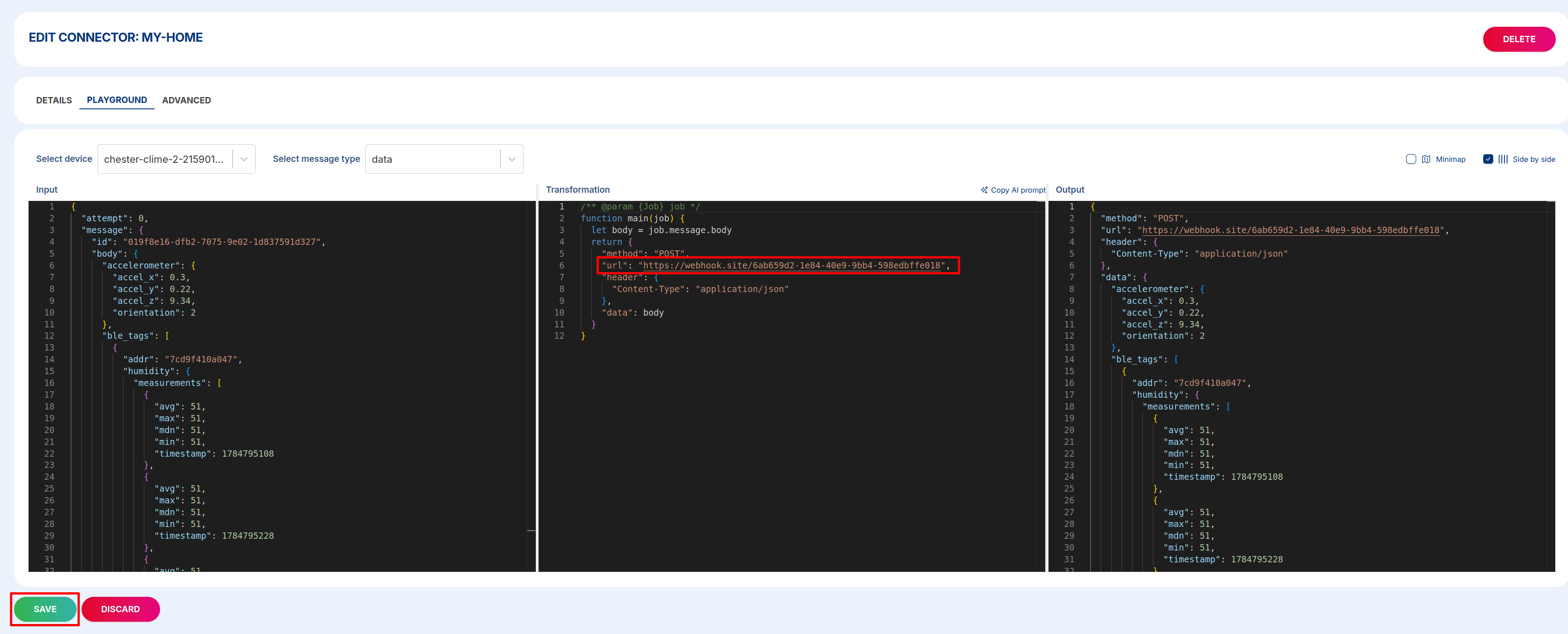 The connector PLAYGROUND with the transformation function pointed at the webhook.site URL and the resulting Output request