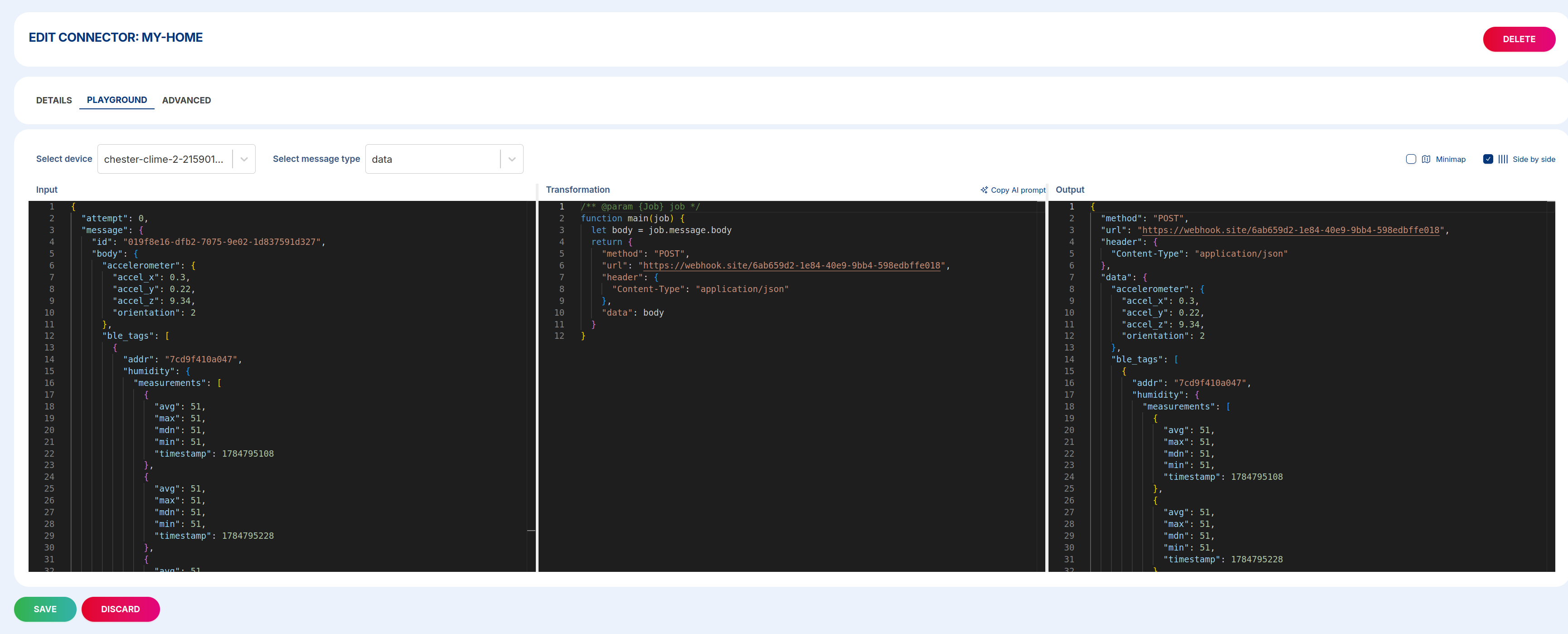The PLAYGROUND tab: the Input message on the left, the transformation function in the middle, and the resulting Output request on the right