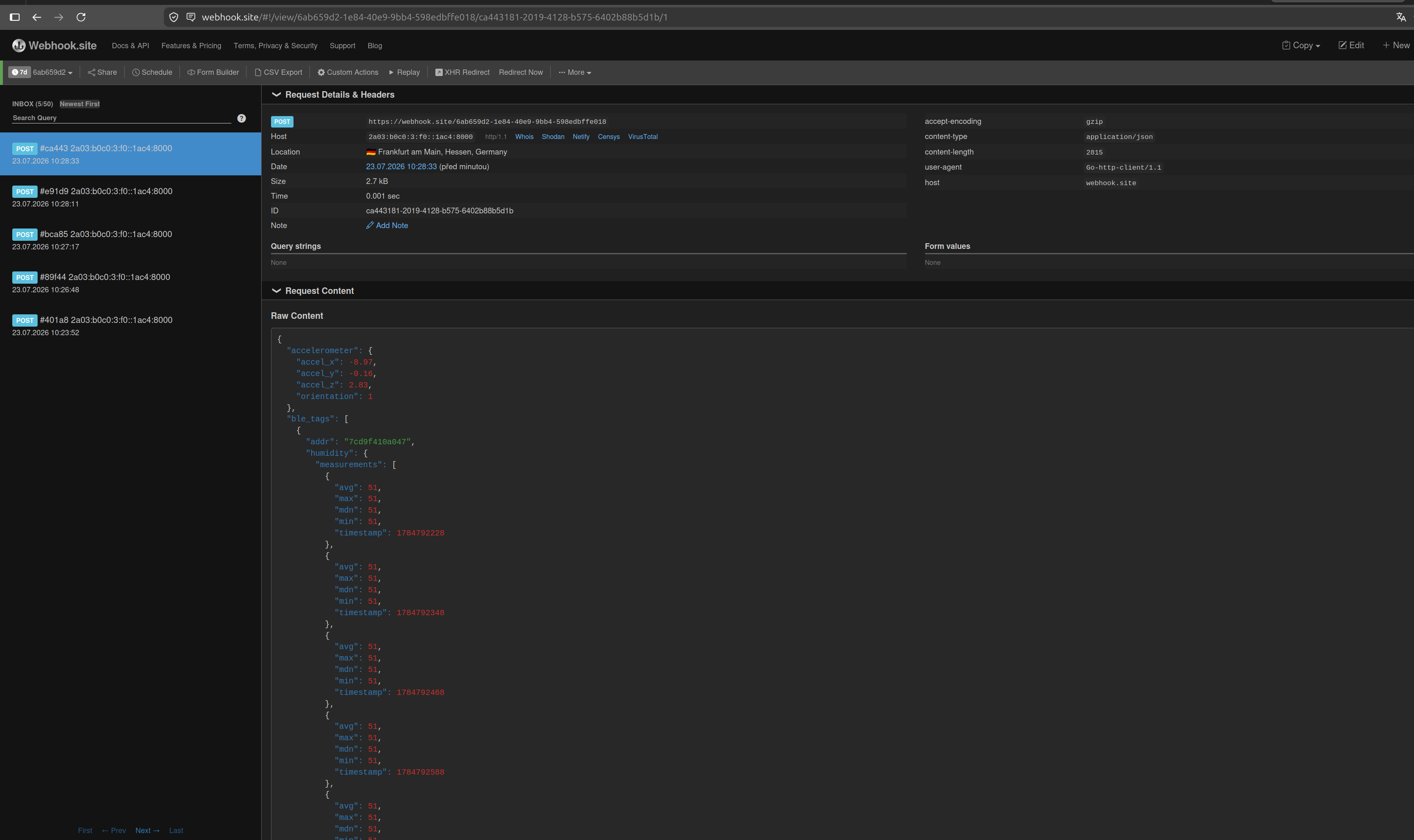 webhook.site showing a received POST request with its headers and JSON body
