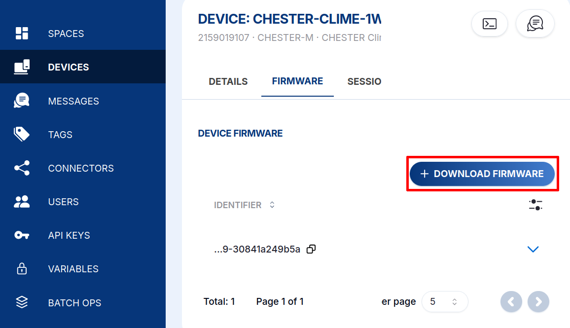 The device's Firmware tab with the + DOWNLOAD FIRMWARE button