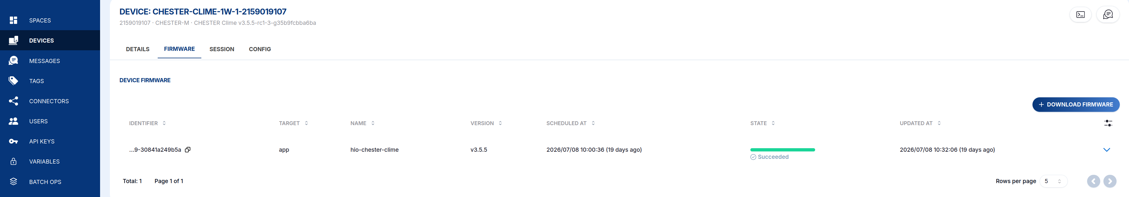 The firmware list showing each download and its state