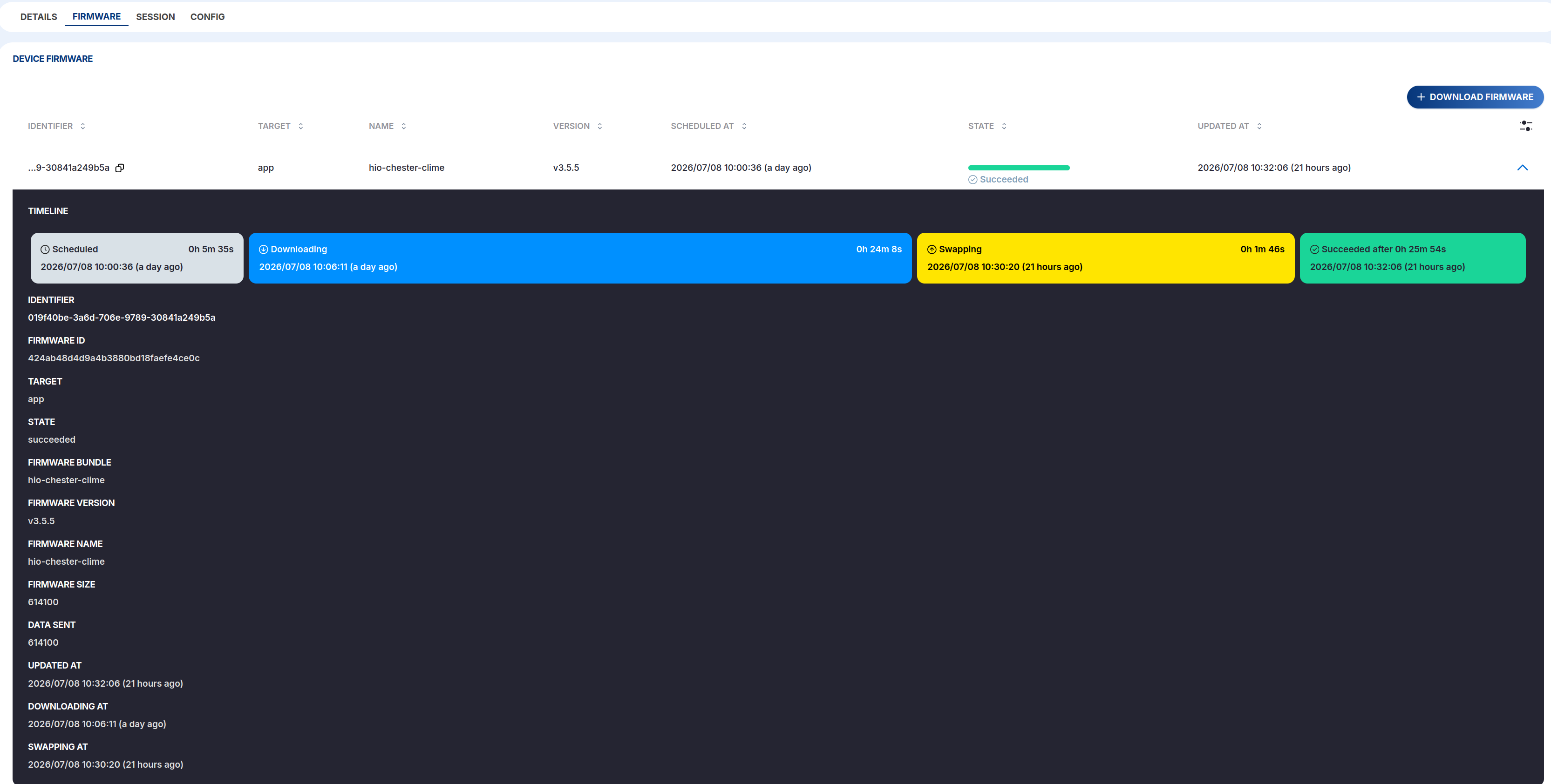 A firmware update timeline: Scheduled, Downloading, Swapping, Succeeded
