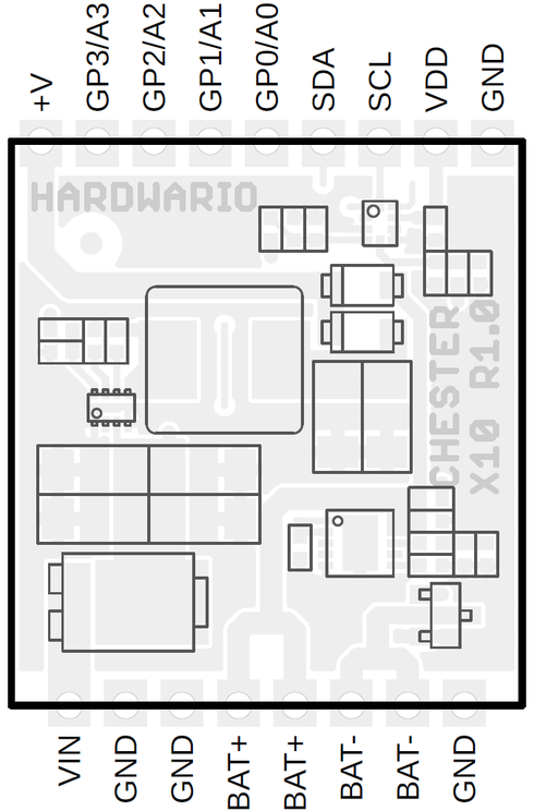 CHESTER-X10 board layout drawing with edge signals: +V, GP0-GP3, SDA, SCL, VDD, GND on top; VIN, GND, BAT+, BAT- on the terminal block