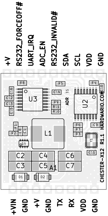 CHESTER-X12 board layout drawing with component placement and edge pin labels