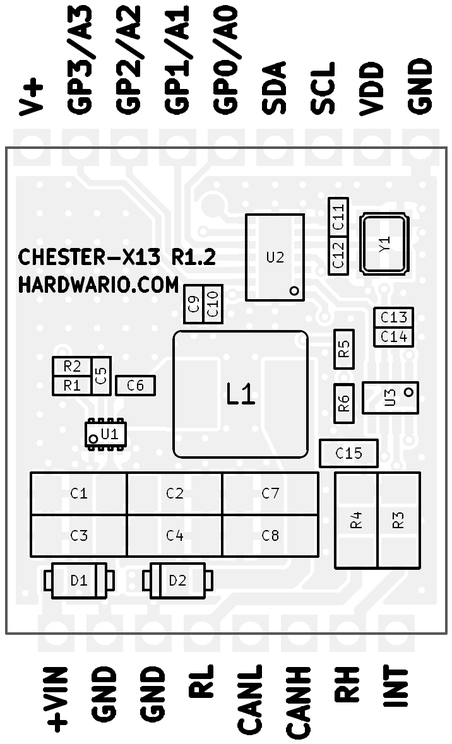 CHESTER-X13 R1.2 board layout drawing with component placement and edge pin labels