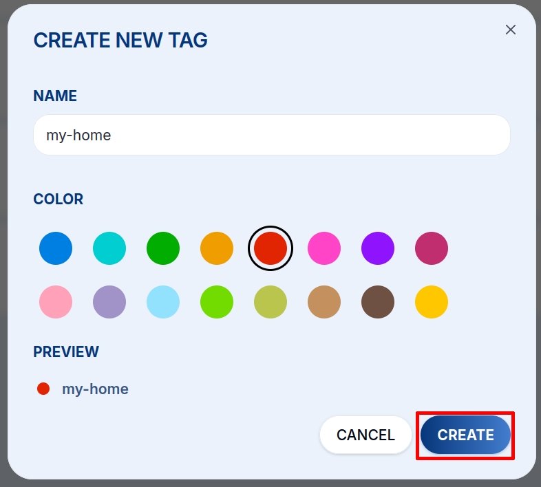 The "Create new tag" dialog — name, color picker, and live preview