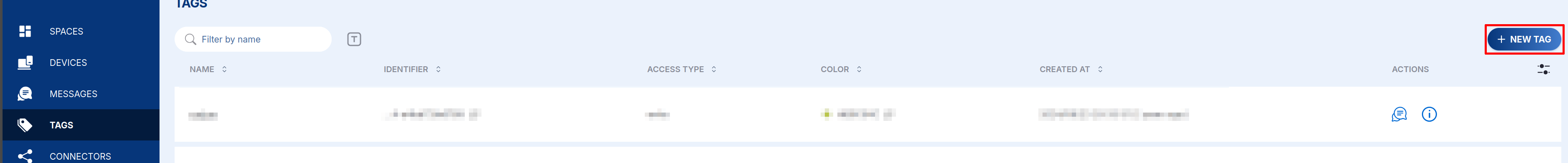 The Tags page with the "+ NEW TAG" button highlighted