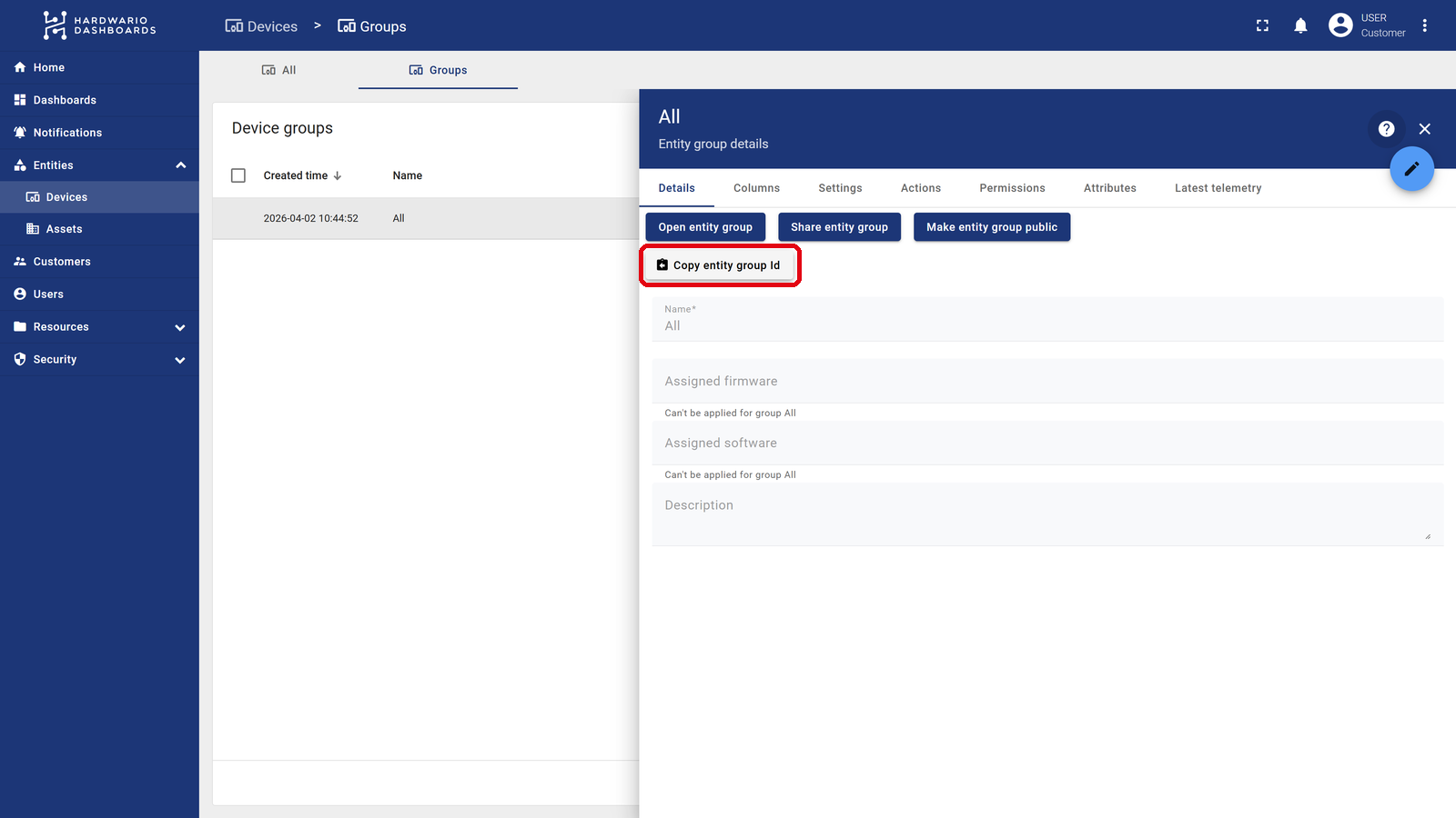 Device group details in ThingsBoard with the "Copy entity group Id" button highlighted