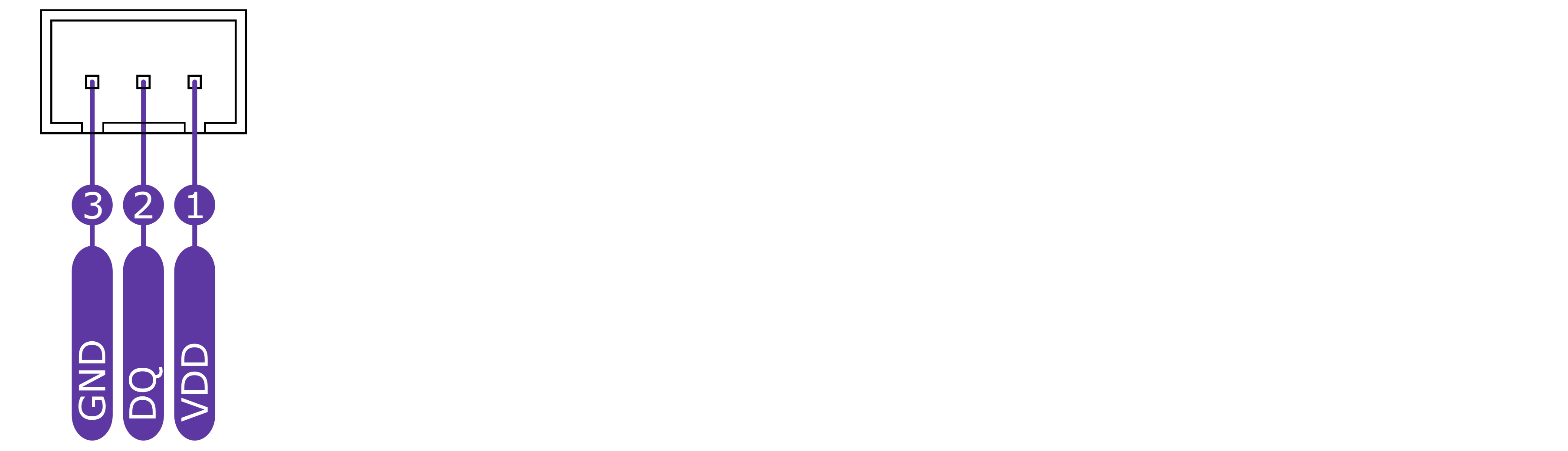 Pinout konektoru 1-Wire, piny 1-3: VDD, DQ, GND