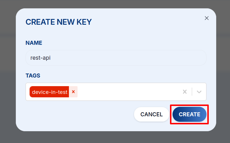Dialog „Create new key" s poli Name a Tags