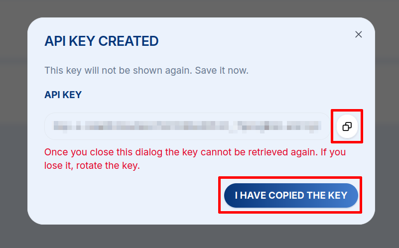 Dialog „API Key Created" — zkopírujte klíč, který se zobrazí pouze jednou
