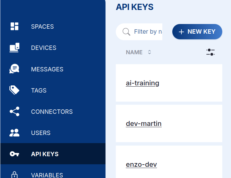 Stránka API Keys s tlačítkem „+ NEW KEY"