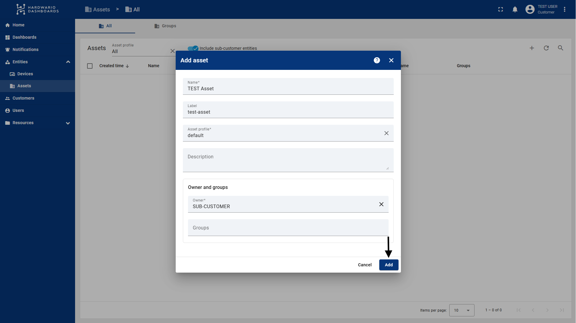 Dialog Add asset s poli name, label, výchozím profilem assetu a vlastníkem, se šipkou na tlačítko Add