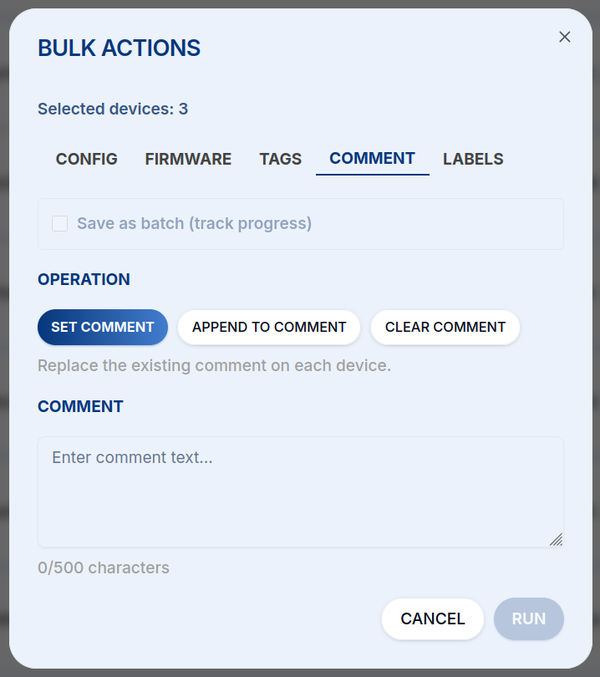 Dialog hromadných akcí na kartě Comment s operacemi Set / Append / Clear