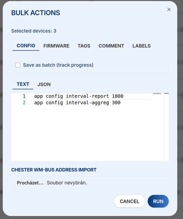 Dialog hromadných akcí na kartě Config s příkazy app config