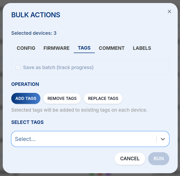 Dialog hromadných akcí na kartě Tags s operacemi Add / Remove / Replace