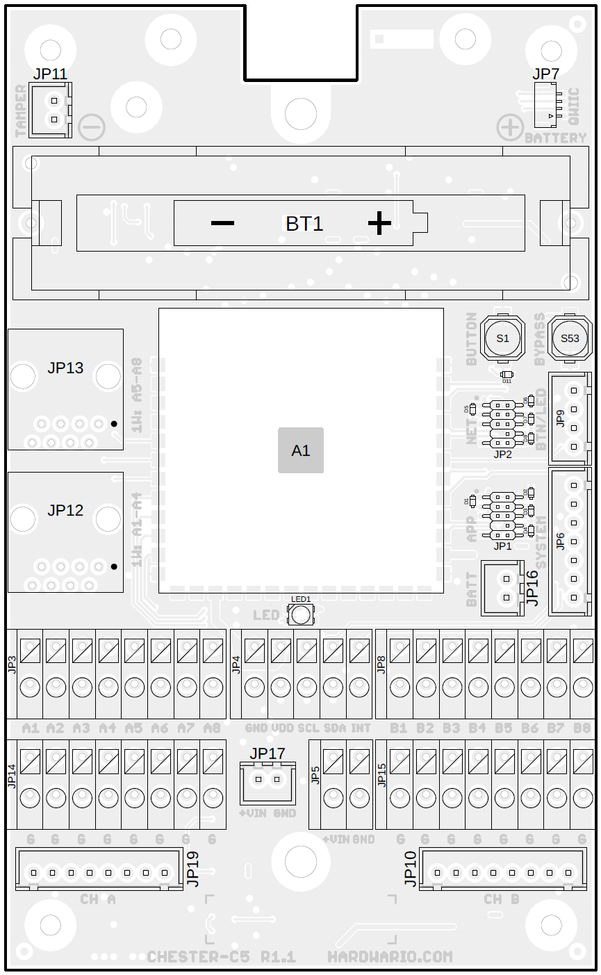 CHESTER-C5 výkres horní strany: držák baterie 18650 BT1, dva 1-Wire konektory RJ-45, tlačítka a řady svorek A1-A8/B1-B8