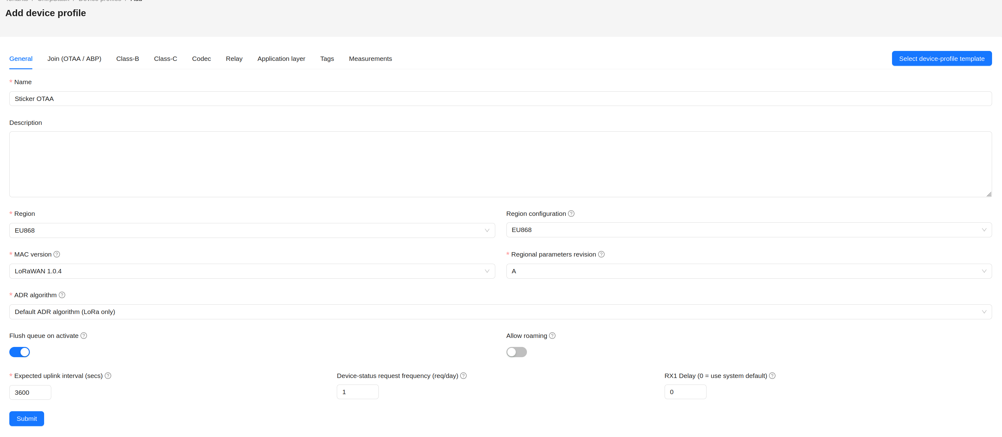 Chirpstack obecné nastavení profilu