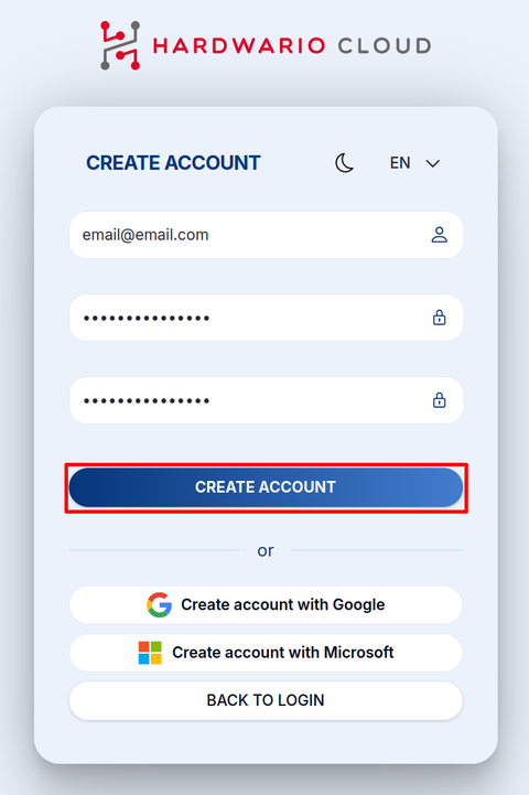 Obrazovka HARDWARIO Cloud „Create account" — pole pro e-mail a heslo s možnostmi registrace přes Google a Microsoft