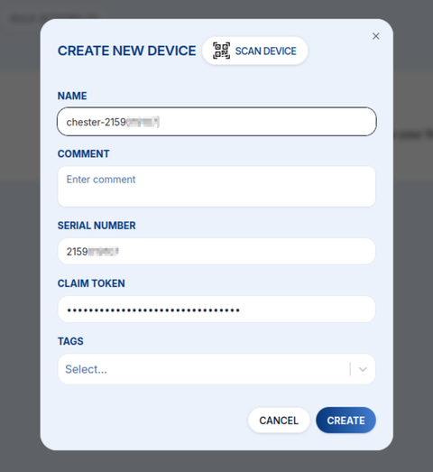 Dialog „Create new device" — naskenujte QR kód, nebo vyplňte Name, Serial Number a Claim Token