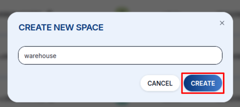 Dialog „Create new space" — zadejte název a klikněte na CREATE