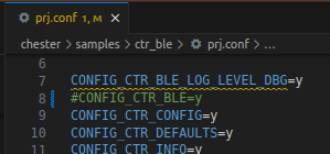 prj.conf v editoru se zakomentovanou řádkou CONFIG_CTR_BLE=y