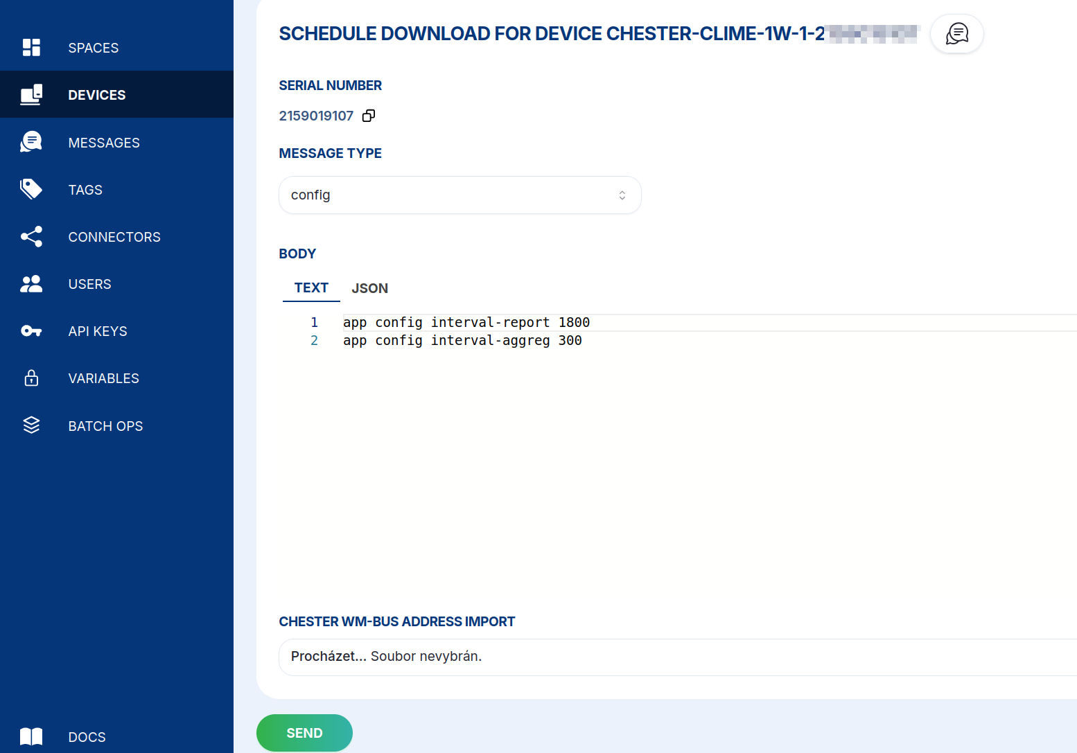 Dialog „Schedule downlink" s typem zprávy „config" a příkazy app config v poli Body