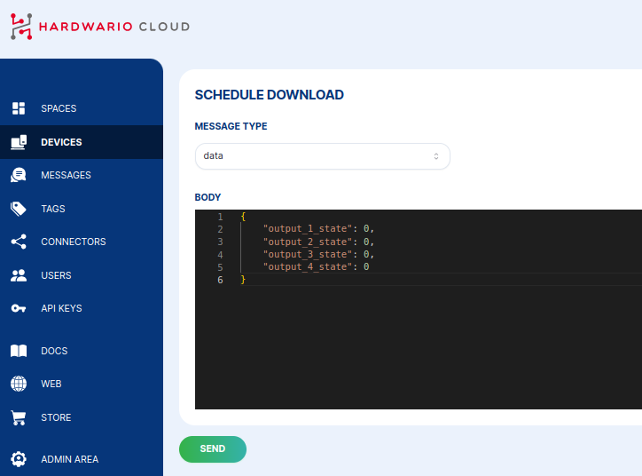 Dialog "Schedule downlink" s typem zprávy "data" a tělem ve formátu JSON