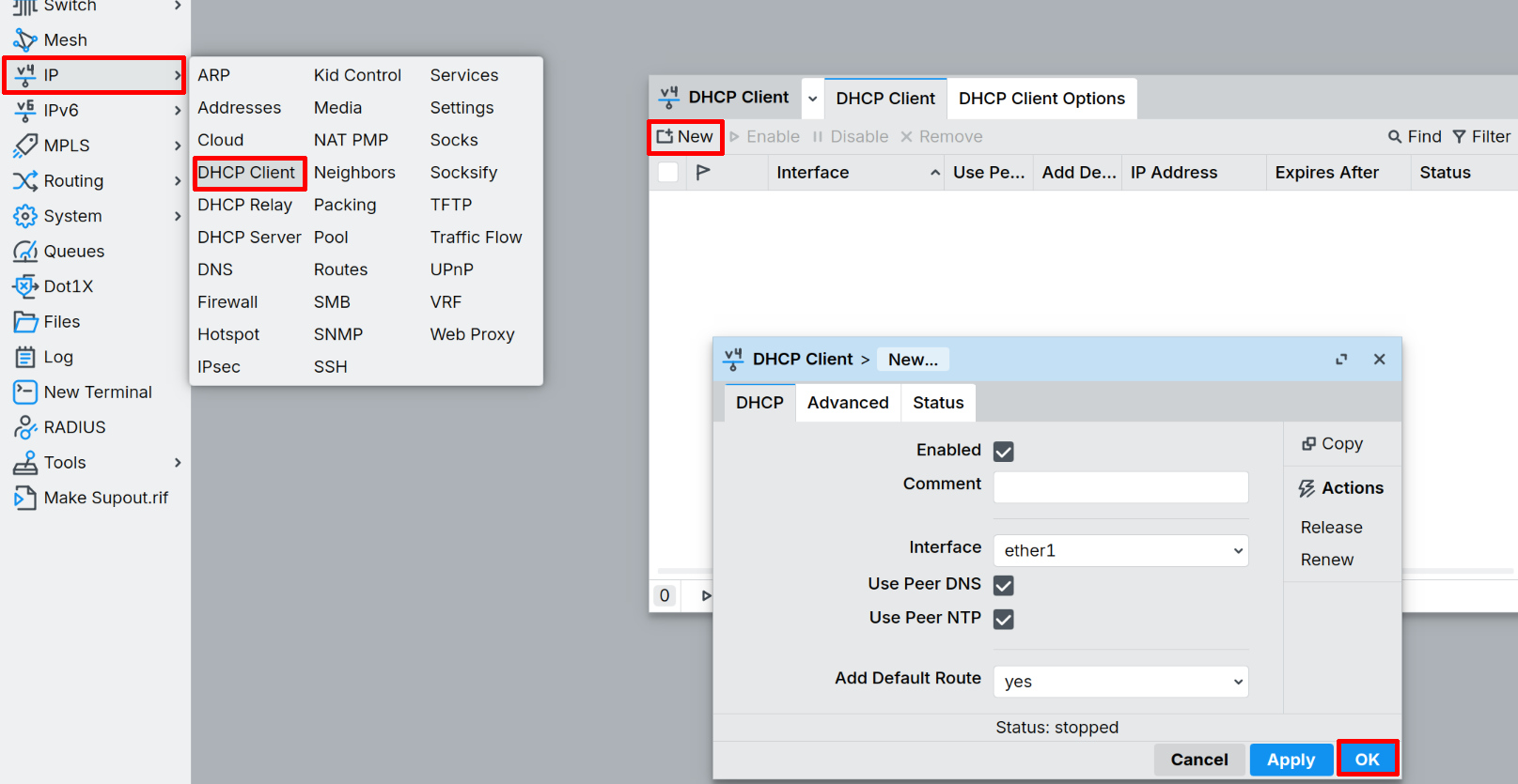 EMBER DHCP klient na ether1