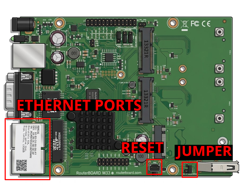 Propojka, ethernetové porty a reset na zařízení EMBER