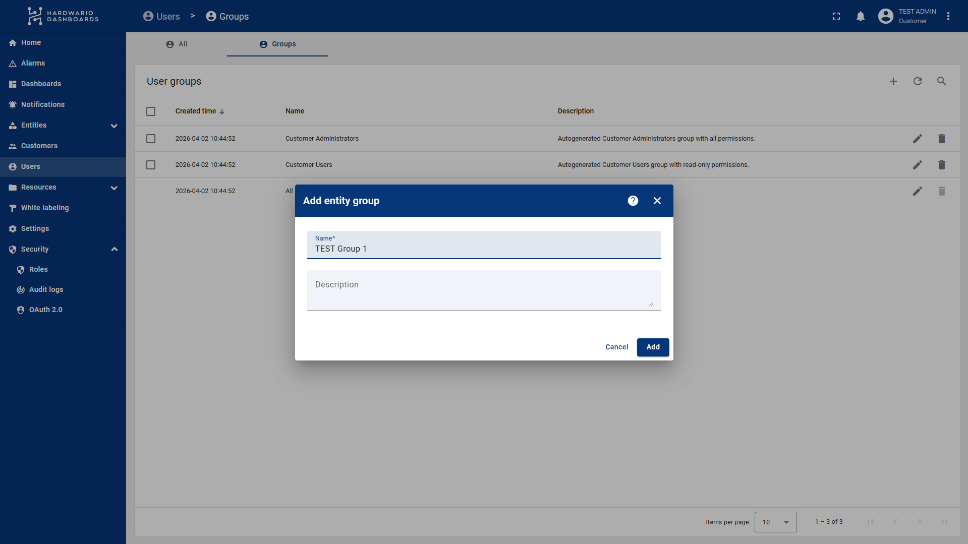 Dialog Add entity group nad seznamem uživatelských grup s vyplněným názvem grupy a viditelnými výchozími grupami v pozadí