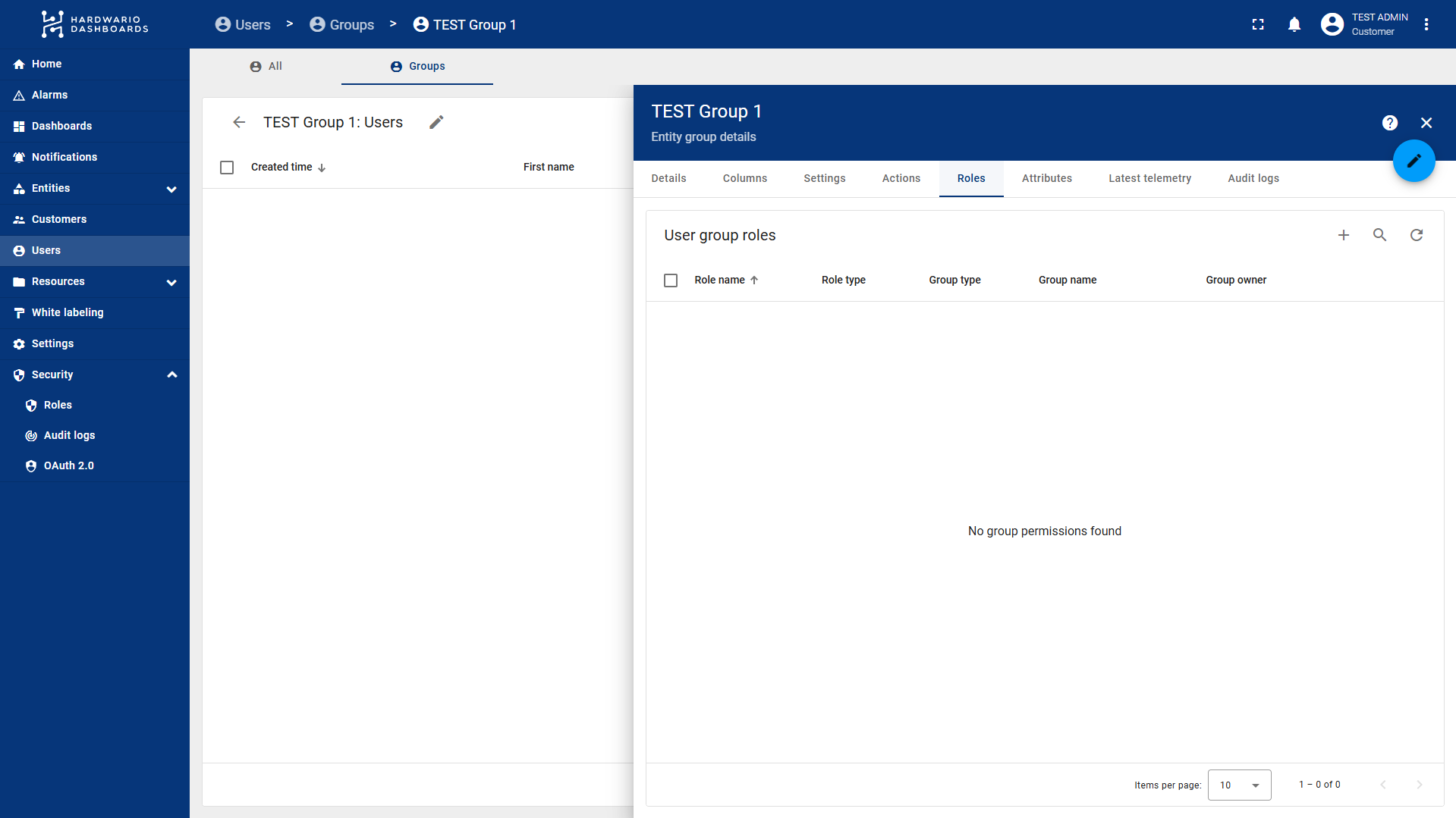 Panel s detailem uživatelské grupy otevřený na kartě Roles s prázdnou tabulkou User group roles a ikonou plus