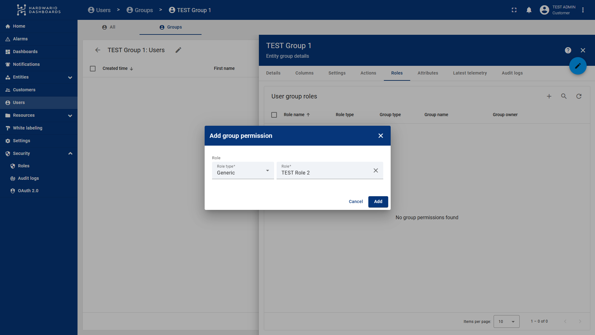 Dialog Add group permission s typem role Generic, kde je potřeba zvolit jen samotnou roli