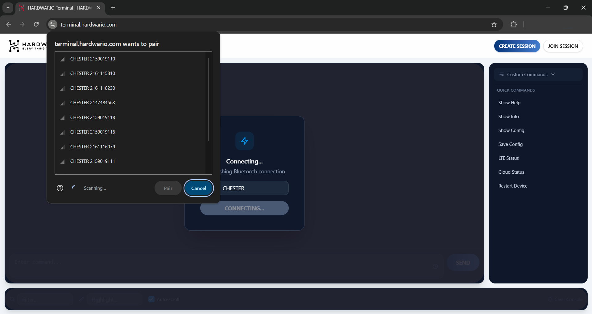 Dialog výběru Bluetooth zařízení v Chrome filtrovaný na CHESTER