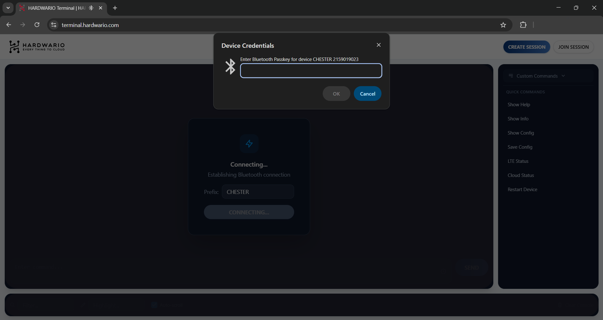 Výzva k zadání Bluetooth passkey v HARDWARIO Terminal