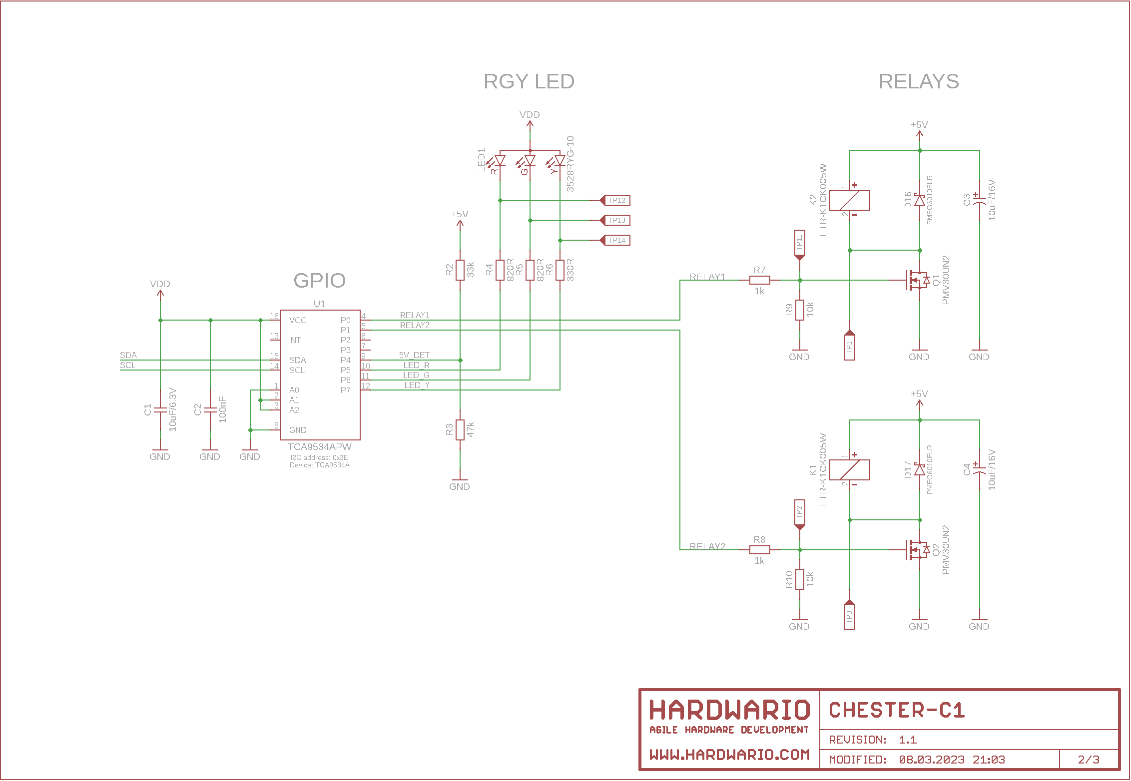 Schéma CHESTER-C1, list 2: GPIO expandér TCA9534A, RGY LED a budicí obvody relé