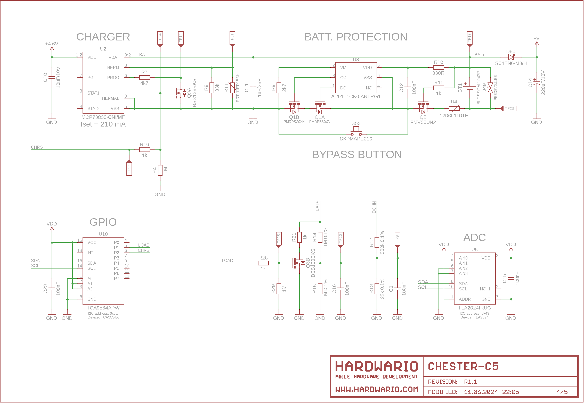 CHESTER-C5 schéma list 4: nabíječ MCP73833, ochrana baterie AP9101C s tlačítkem bypass, GPIO expandér a ADC