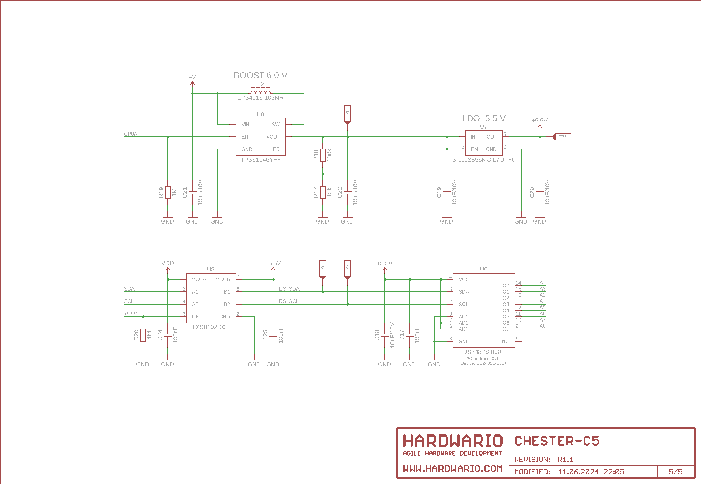 CHESTER-C5 schéma list 5: napájecí větve 6 V boost a 5.5 V LDO plus 8kanálový 1-Wire master DS2482S-800