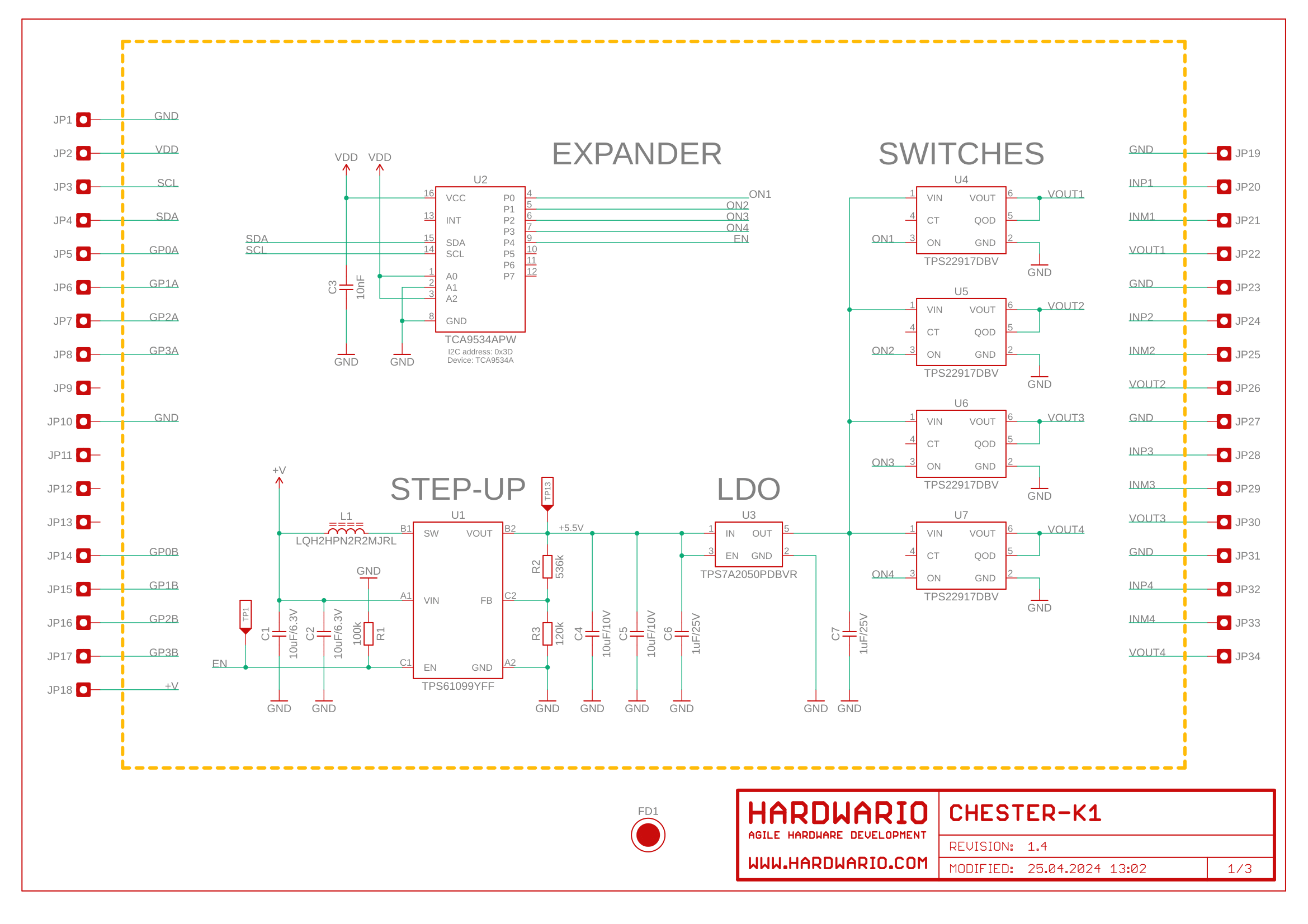 Schéma CHESTER-K1, list 1: expandér TCA9534A, step-up a LDO napájení a čtyři zátěžové přepínače TPS22917