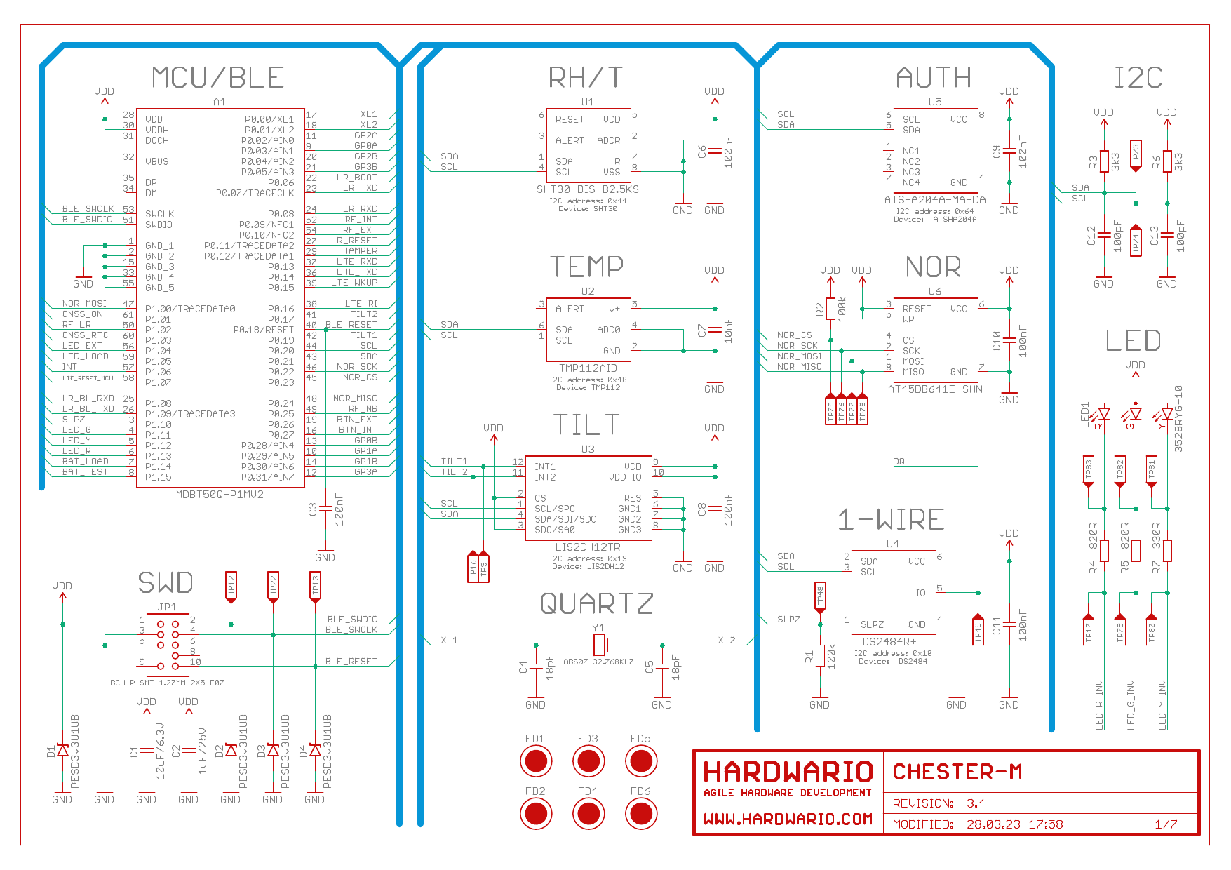 Schéma 1/7: modul MCU/BLE MDBT50Q, hlavice SWD, senzory RH/T, teploty a náklonu, NOR flash, 1-Wire, LED