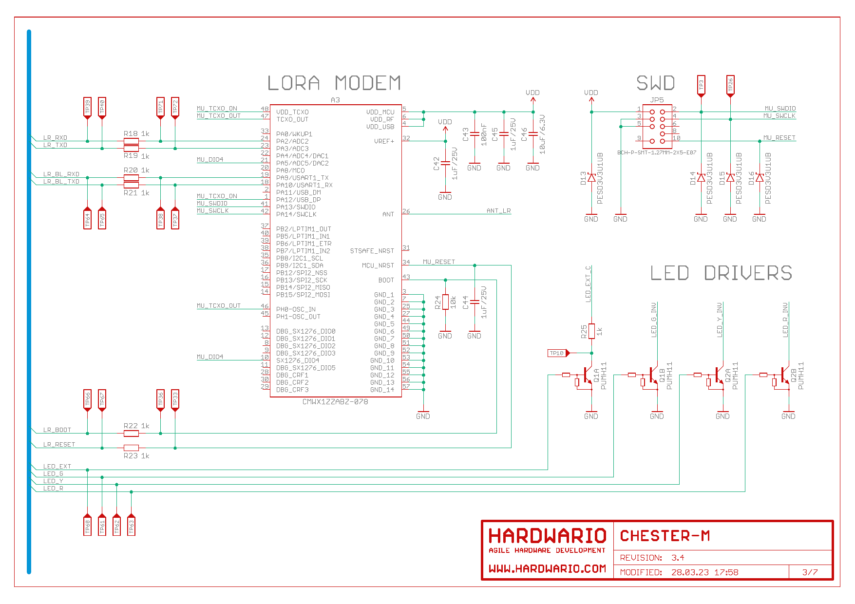 Schéma 3/7: LoRa modem Murata CMWX1ZZABZ, hlavice SWD a budicí tranzistory LED