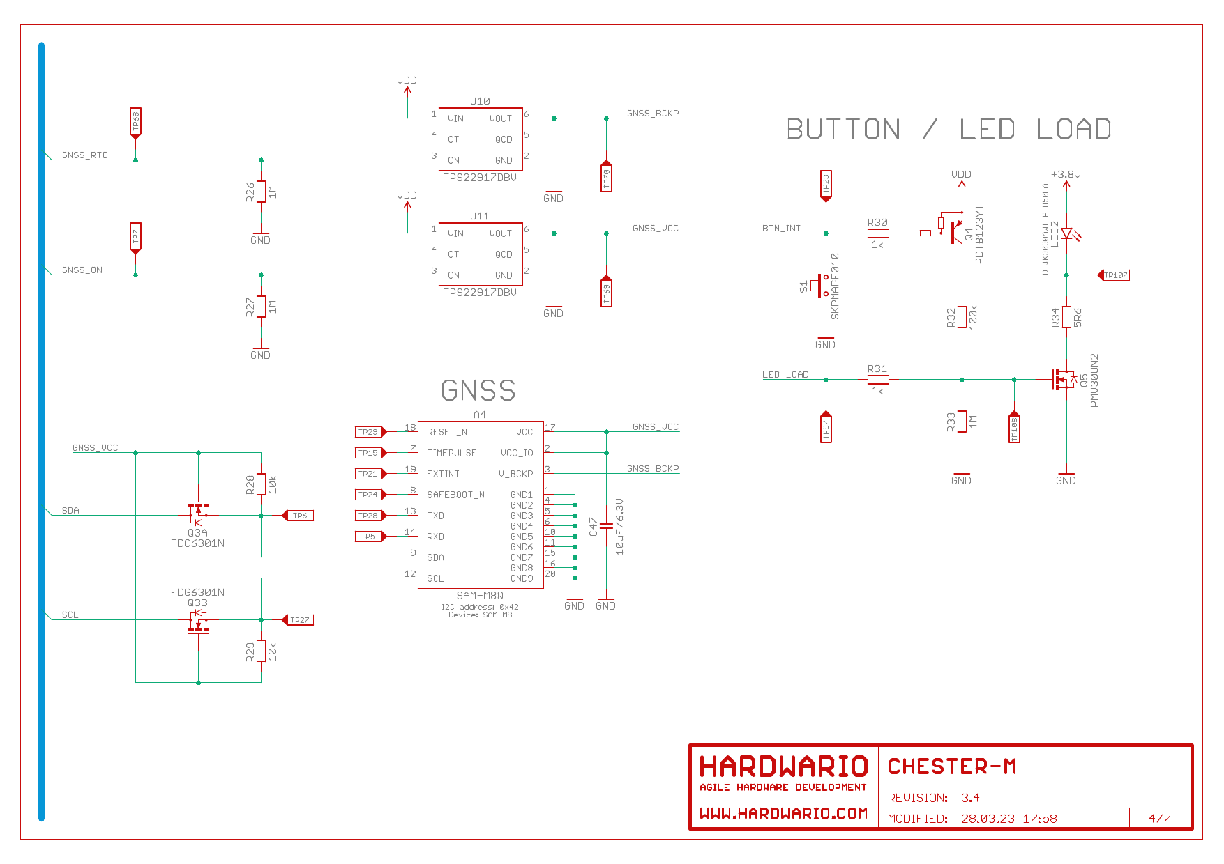 Schéma 4/7: modul GNSS SAM-M8Q se zátěžovými přepínači TPS22917, tlačítkem a zátěžovým obvodem LED