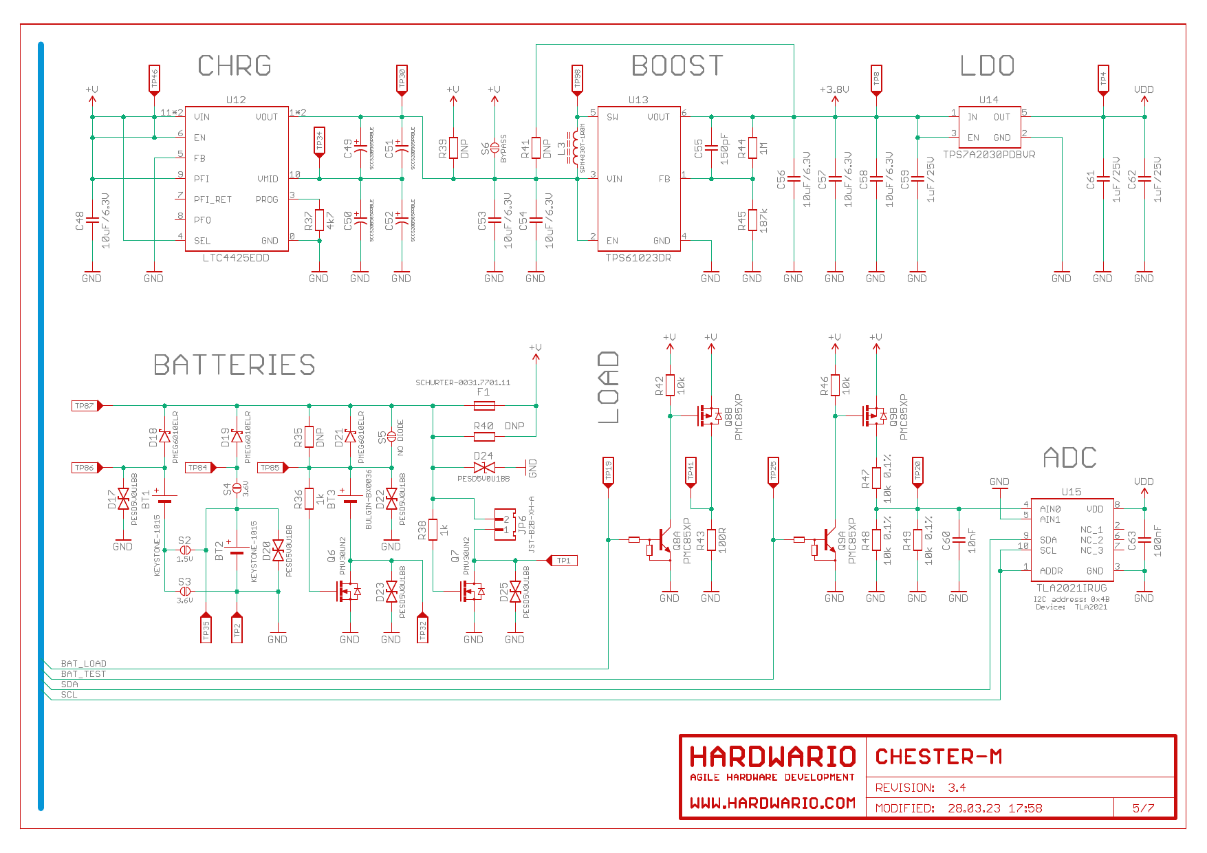 Schéma 5/7: nabíječ LTC4425, boost TPS61023, LDO, vstupy baterie, přepínání zátěže a ADC TLA2021