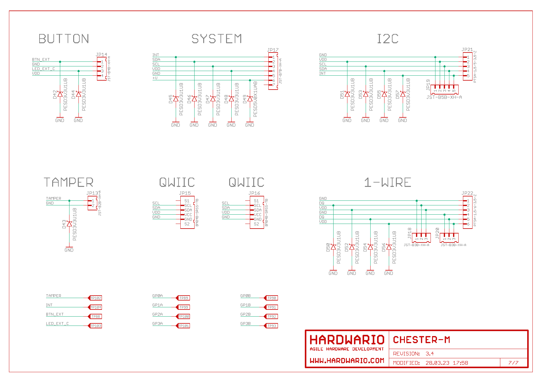 Schéma 7/7: tlačítko, tamper, konektory SYSTEM, I2C, QWIIC a 1-Wire s ESD ochranou