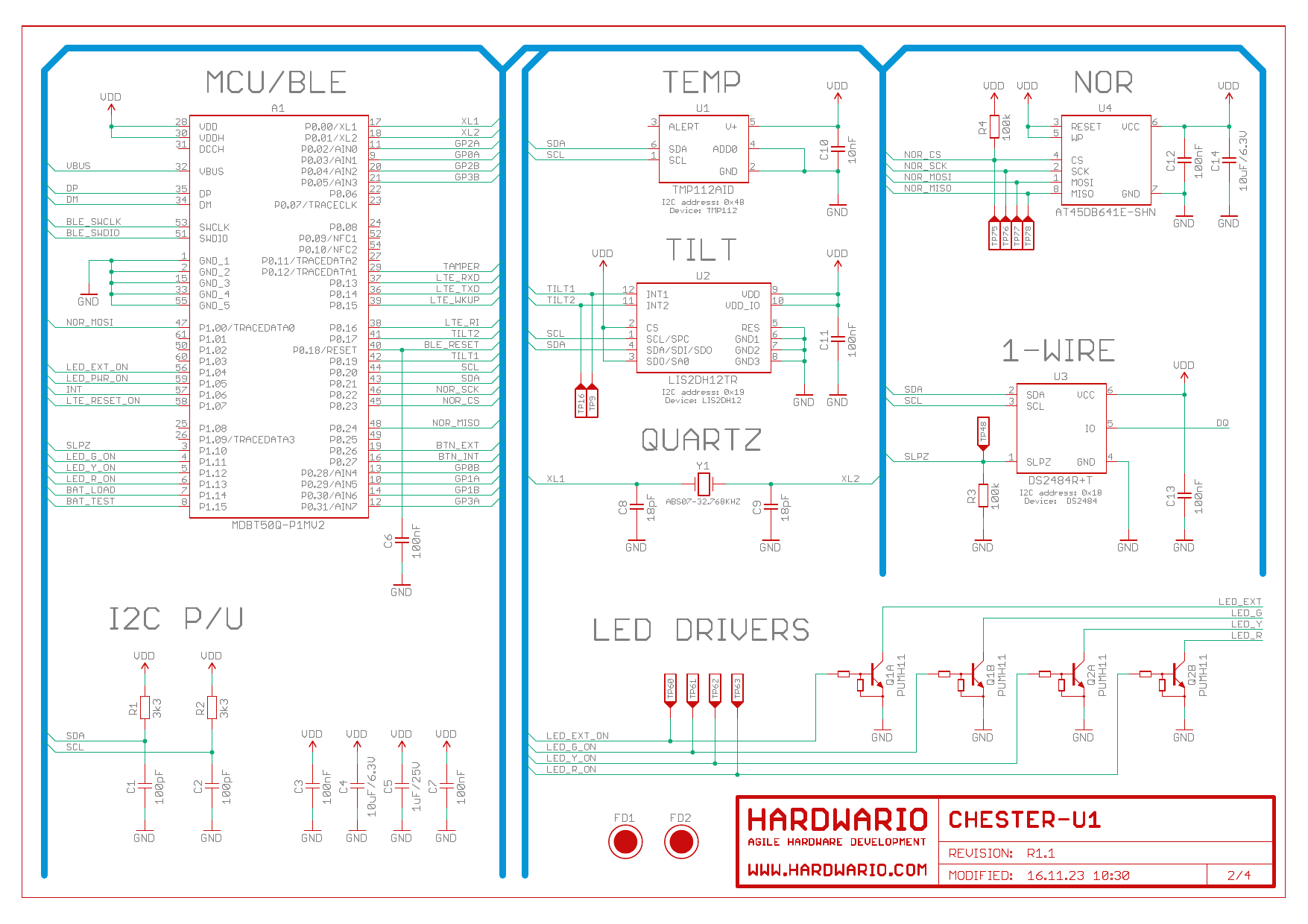 Schéma 2/4: MCU/BLE MDBT50Q, senzory teploty a náklonu, NOR flash, 1-Wire master a budiče LED